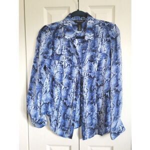 White House Black Market 2 Silk Blue Animal Print‎ Blouse Size 2 Button Front